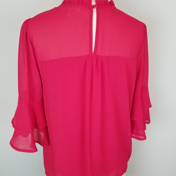 Monteau Red Blouse with Flared Ruffled 3/4 Sleeves & Collar Women's Size Large - Picture 7 of 9